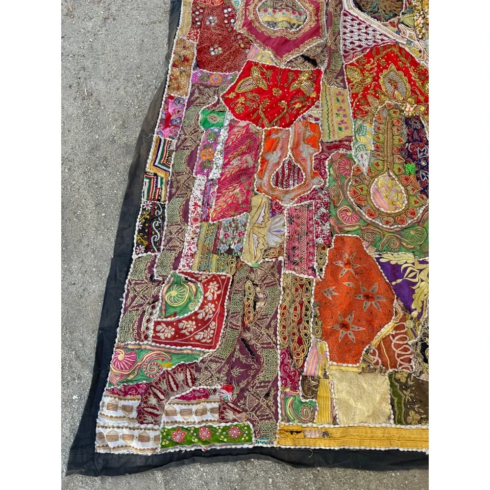 Vintage Indian Heavily Beaded Art Decor Sari Zari Wall Hanging Tapestry 75x93